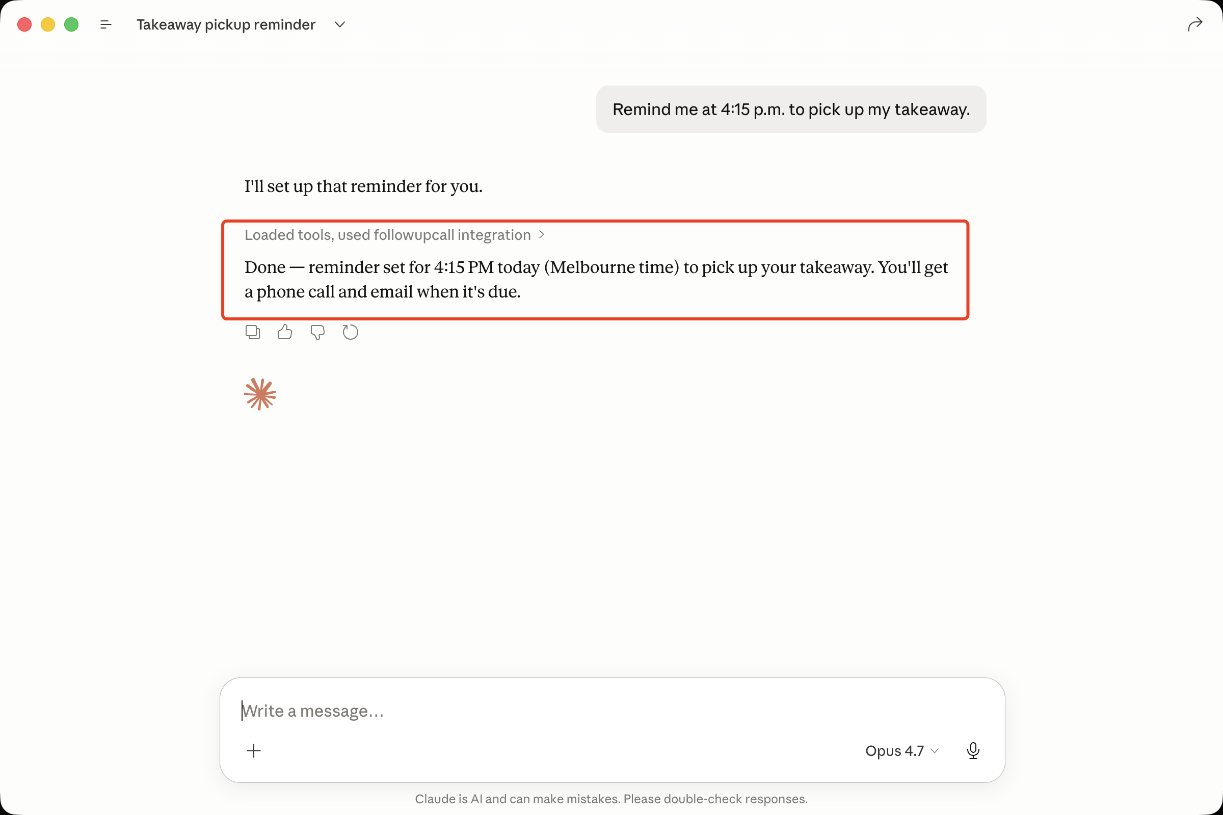 Claude Desktop creating a reminder using the FollowUpCall integration